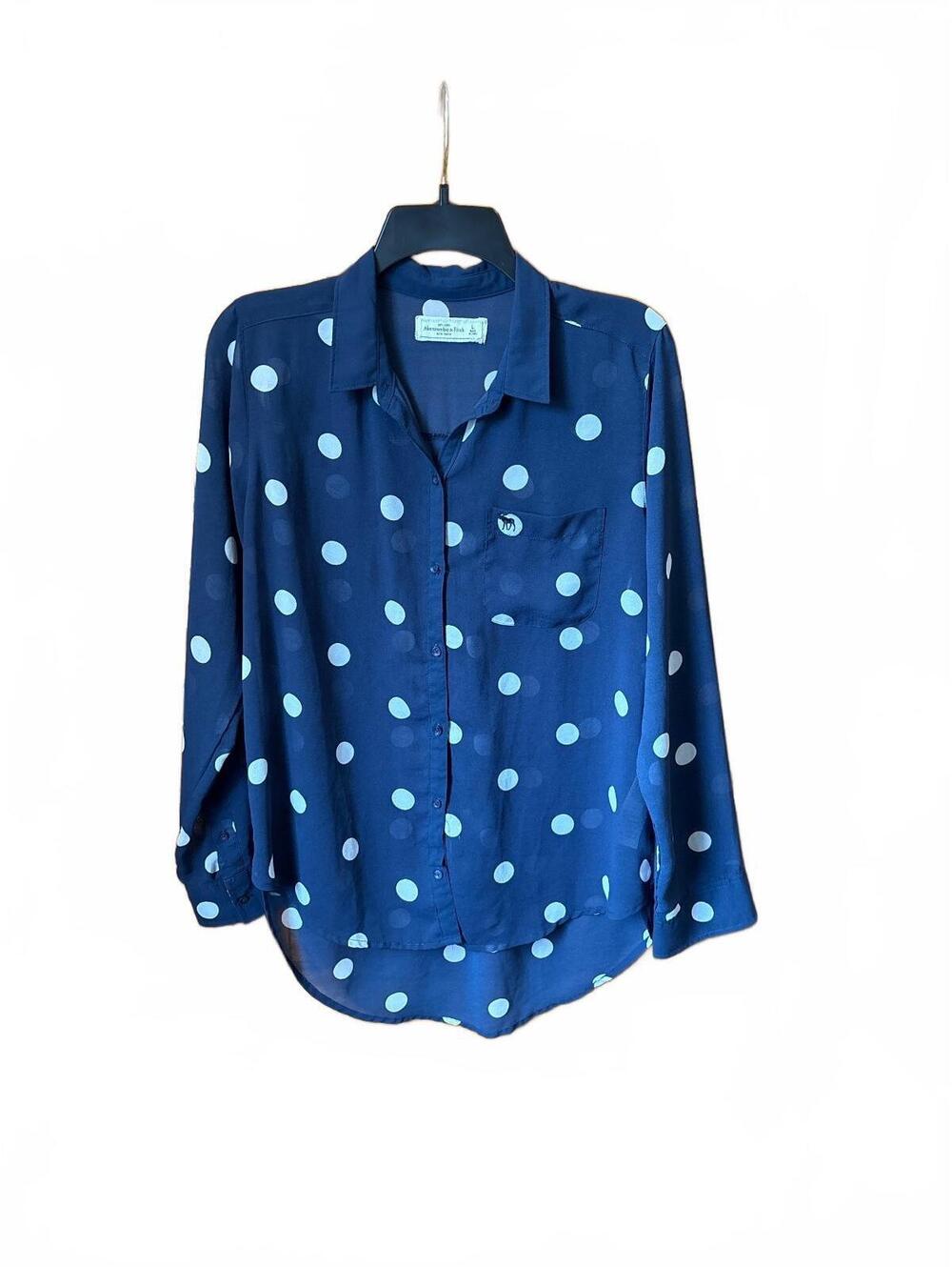 Abercrombie & Fitch Polka Dot Sheer Button Up Shirt Navy Blue L